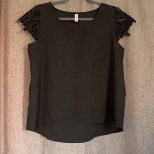 Sheer black blouse with floral lace cap sleeves